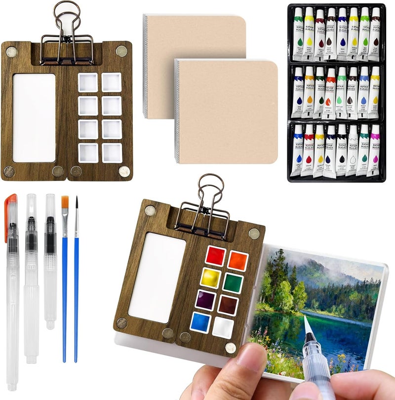 URSOQ Pocket Artist Watercolor Palette Set - Travel Watercolor Palette Set with Paint, Brush, Sketchbook & Copper Clip, for Beginners, Artists & Painting Enthusiasts - Image 1